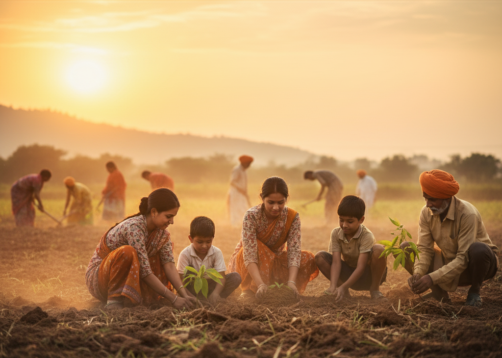 A diverse group of young volunteers planting trees in a sunny field, working together for a greener future.